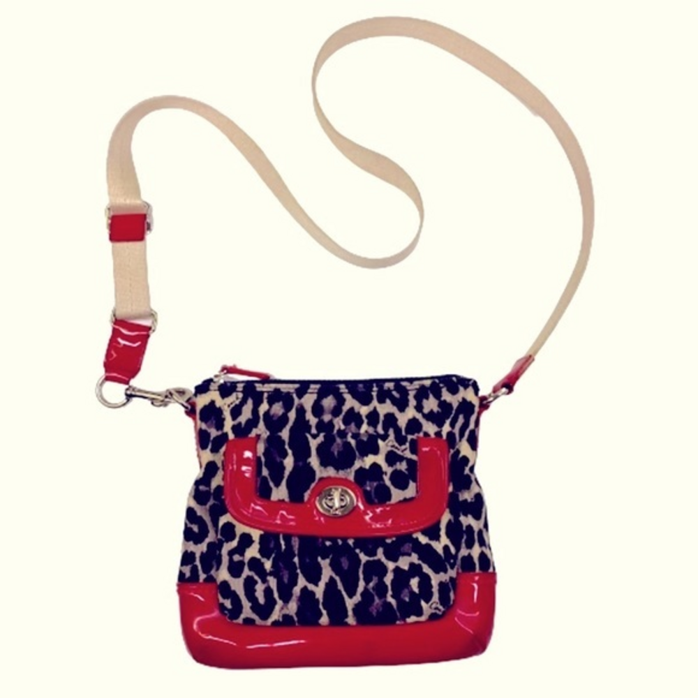 COACH Ocelot‎ & Red Patent Leather Swingpack Crossbody Mini Purse
